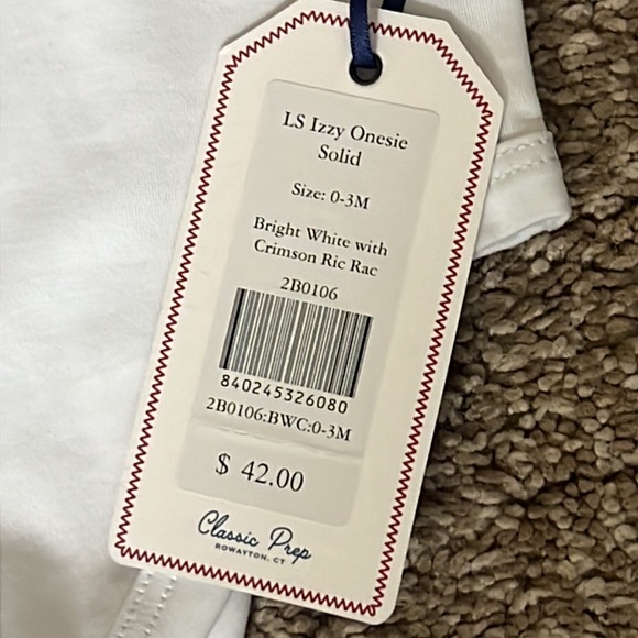 NWT Classic Prep Long Sleeve Izzy Onesie. Bright White with Crimson Ric Rac. - Picture 6 of 6